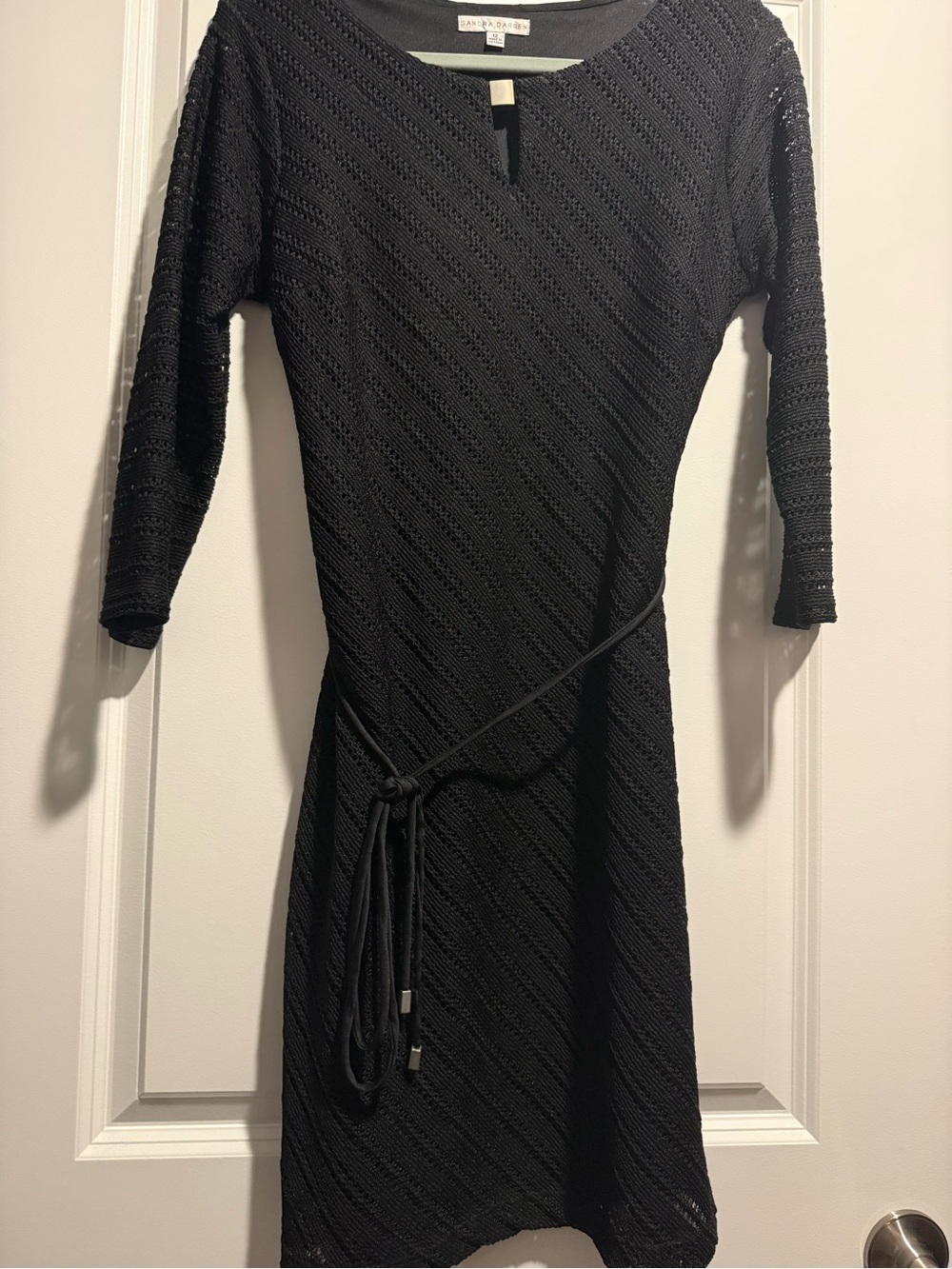 Sandra Darren Black Textured Long-Sleeve Knit Dress with Tie Belt